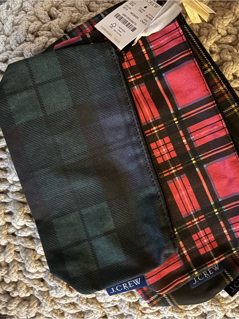 J. Crew Plaid Toiletry Pouches in Black, Green & Red